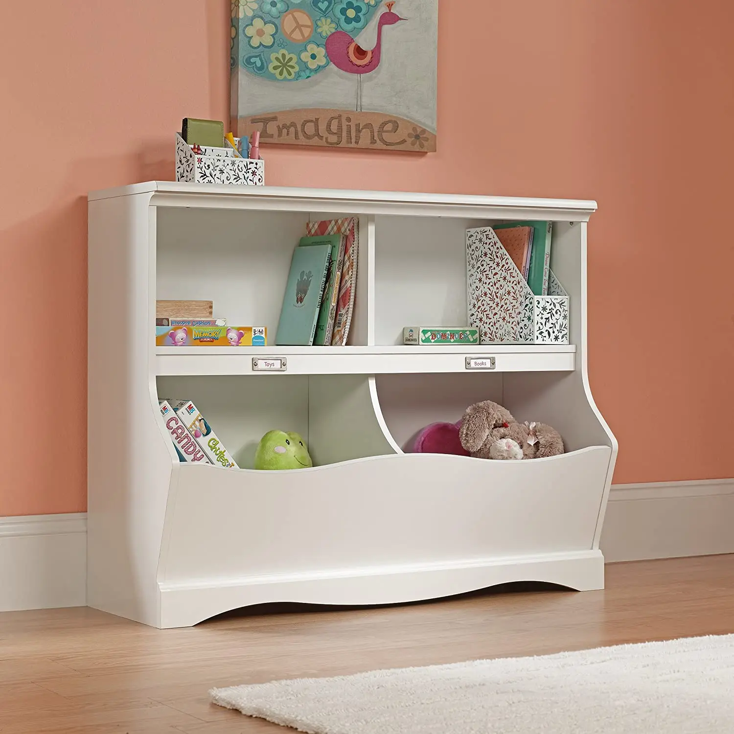 white bookshelf with toy box