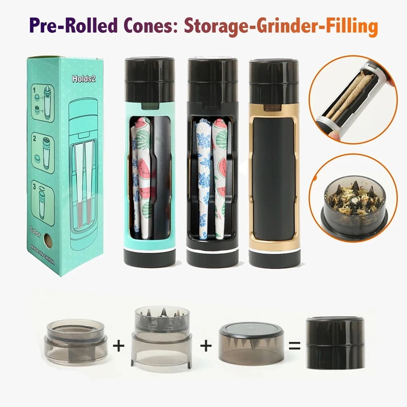Hot Selling Multipurpose PVC 37*155MM Tobacco Grinder Custom Logo Dry Herb Grinder with Double Pre Rolled Cone Pipes