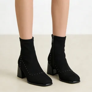 Women's Black Cow Suede Ankle Boots - Stud Detail Block Heel Zipper Slim-Fit Footwear 2026 Autumn