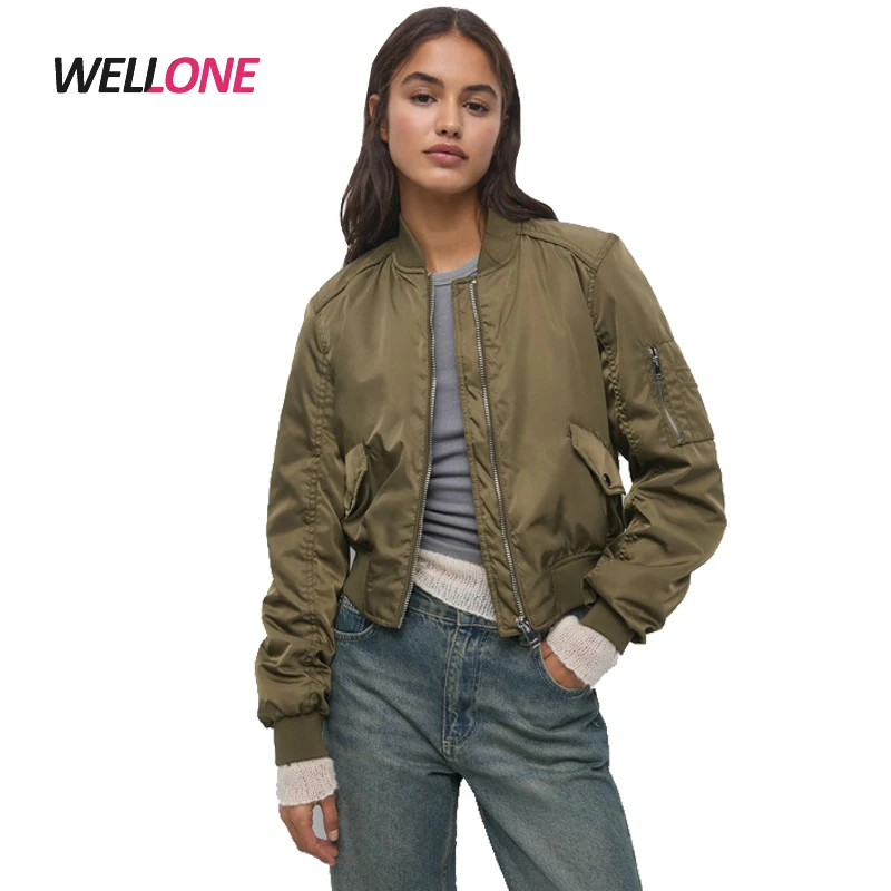 100% Nylon Padded Quilted Basic Custom Silk Screen Printing Logo Military Green Cropped Bomber Jackets for Women
