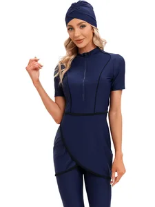 Muslim Conservative Regular Fit 3-Piece Set Women's Short Sleeve Chiffon Halter Lace-Up Beach Burkini Swimwear for Women