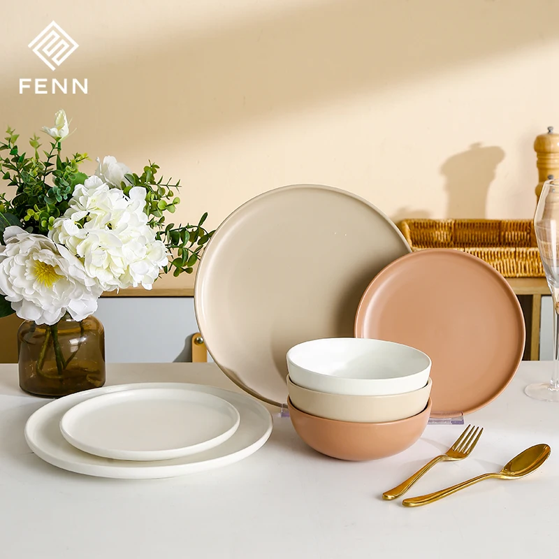 Noedic Style Assorted Colors Concise Design Beige Brown Glazed Catering Plate Ceramic Dishes Plates Bowls Sets For Wedding