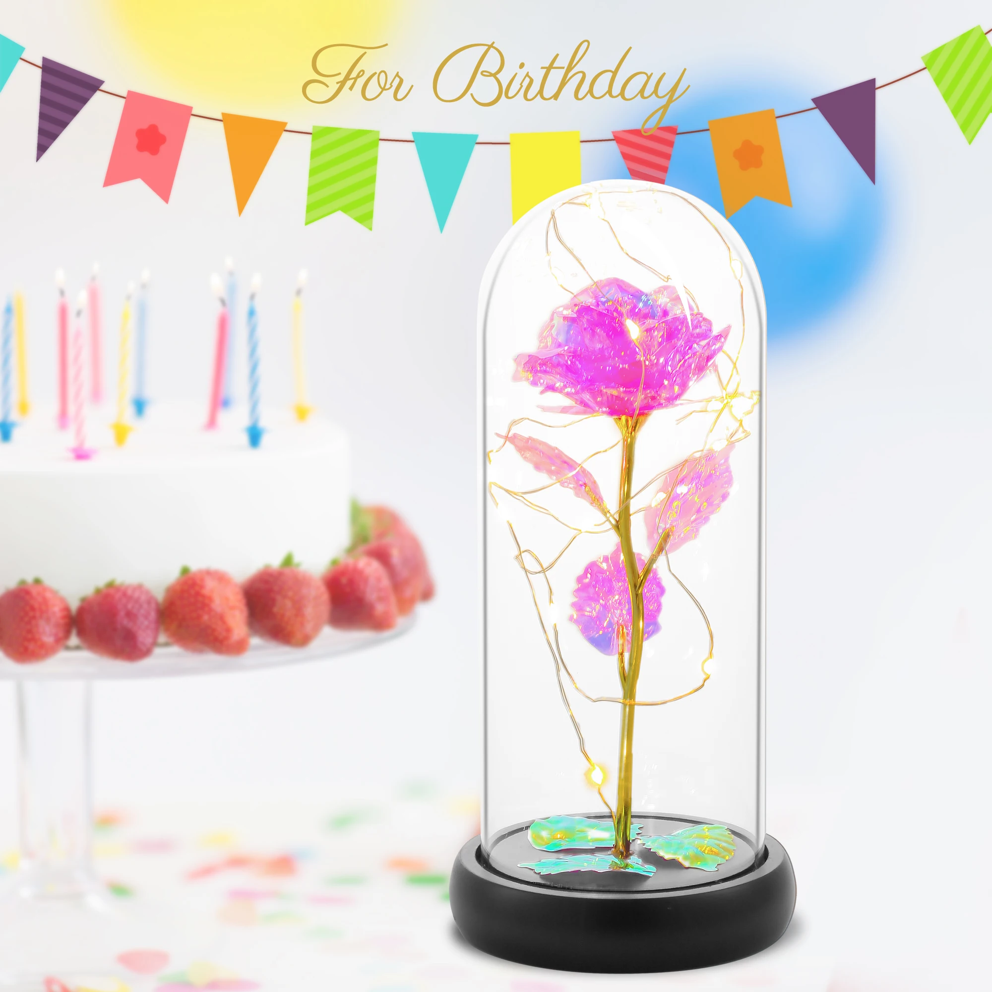 Holiday decoration Gift Pink Flower With Base Glass Dome manufacture