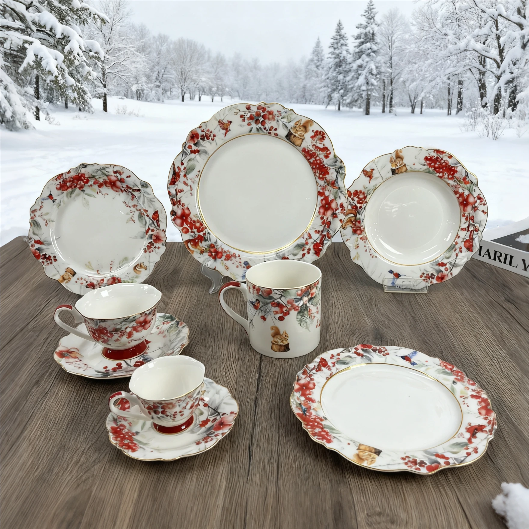 Χειμερινό Σερβίτσιο Νέου Bone China με Κόκκινα Βερίκοκα και Σκίουρο - Πιάτα, Φλιτζάνια και Πιατάκια με Σχέδια Πουλιών και Κυματιστά Άκρα με Χρυσή Επίχρωση