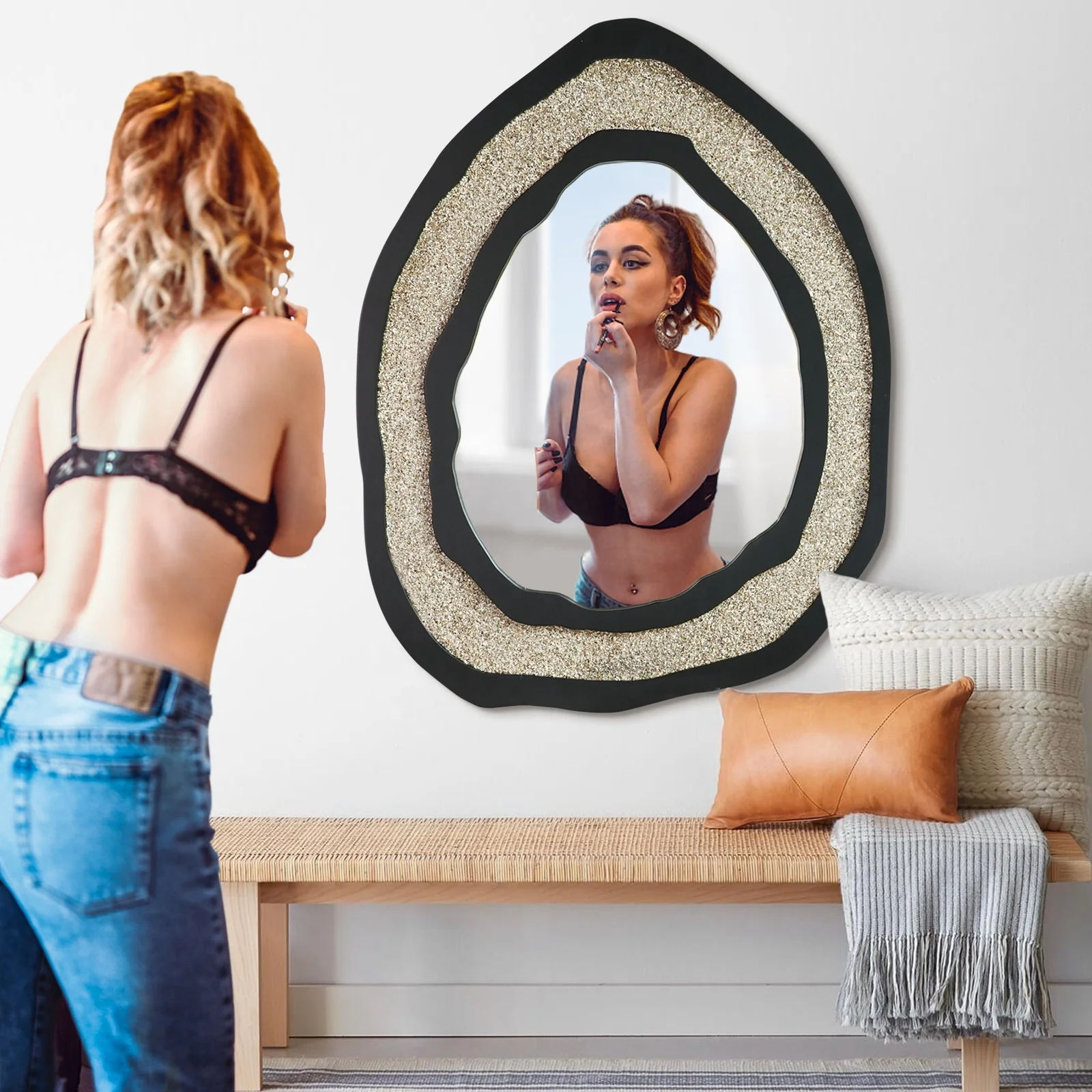 Hot Selling Custom Shell Powder Creativity Best Luxury Decorative Wall Mirror Acrylic Crushed Stone Glass Wall Mirror