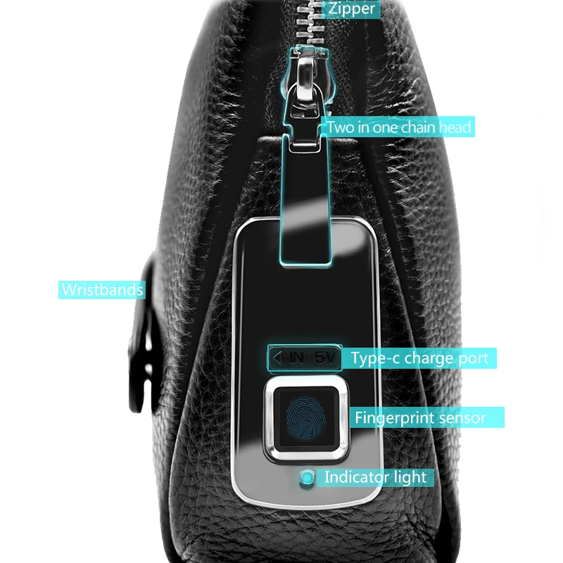 Fingerprint Lock Genuine Leather Finger Unlock Underarm Strap Bag Men Envelope Bag Clutch Handbag for Man