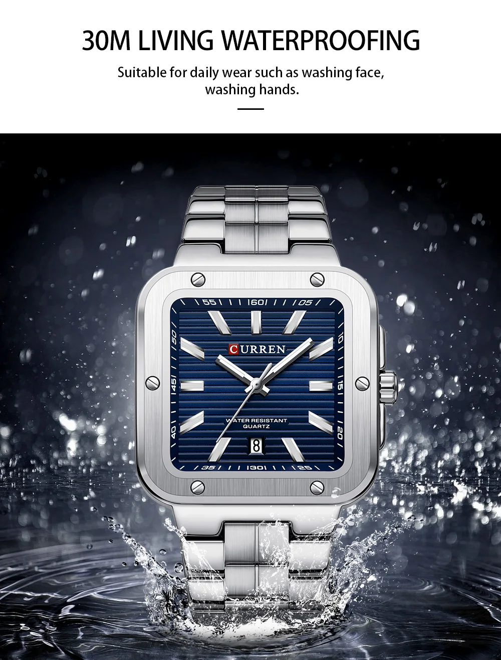 CURREN 8479 Luxury New Model Wrist Watch Quartz Waterproof Square Stainless Steel Strap Luminous Hands Business Watches for Men