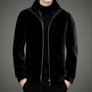 New Style Luxury Black Faux Mink Fur Coat Casual Long Sleeves Zipper Fake Fur Jacket Men
