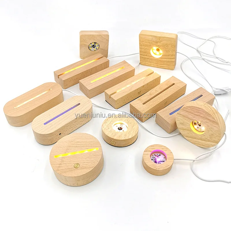 2024 Creative Solid Luminous USB Switch Night Light Base 3D Acrylic Lamp Led Wooden Base Wood Led Light Bases for Decoration