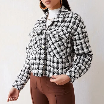 Fashion Ladies Hounds Tooth Raw Trim Flap Pocket Button Long Sleeve Tweed Cropped Coat Jacket