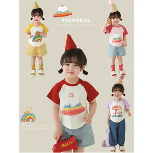 YOEHYAUL 2026 Summer Newest Girls Cartoon Printed Short-Sleeved T-shirt Cute Thin Breathable, Slim-Fitting Short T-shirt LX0180