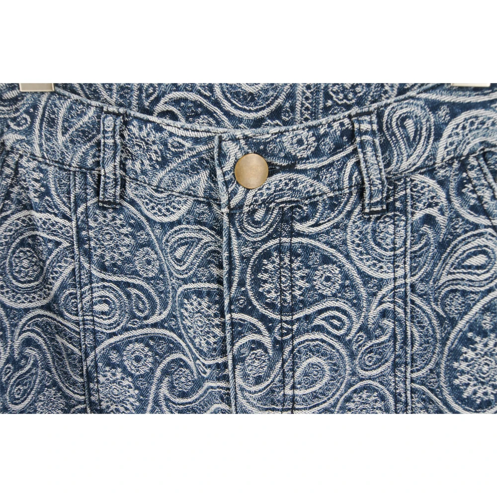 High Waist Washed Wide Leg Denim Jeans Straight Fit Paisley Embroidery Design Jeans