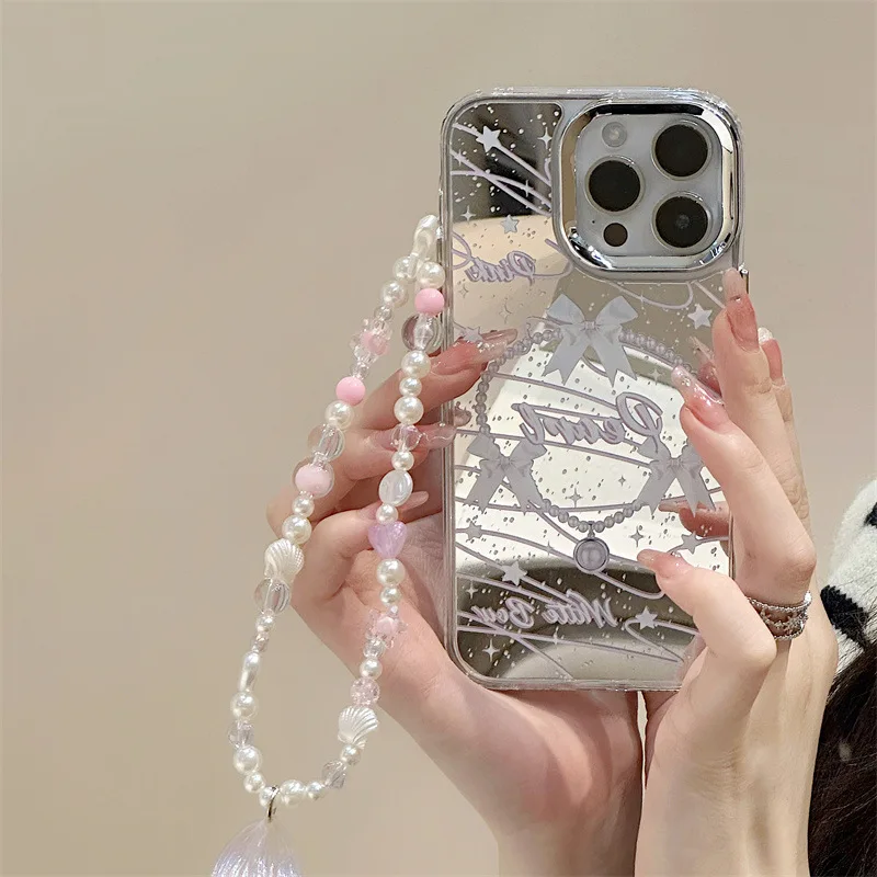 Hot selling bow love star moon pattern mirror phone case with pearl bracelet details