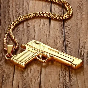 Fashion Hip Hop Jewelry Gold Plated Stainless Steel Hand Pistol Gun Pendant Necklace for Mens Boys