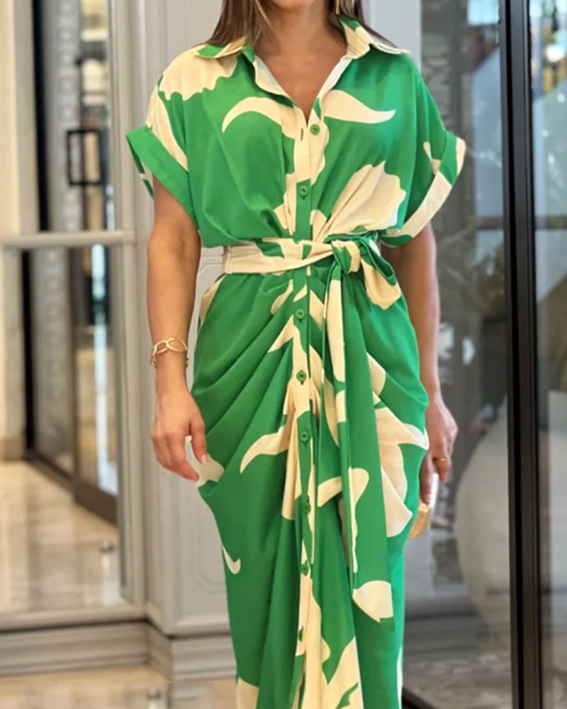 New Spring and Summer New Style Printed Shirt Skirt High Waist Slim Temperament Dress Loose Elegant Casual Dress