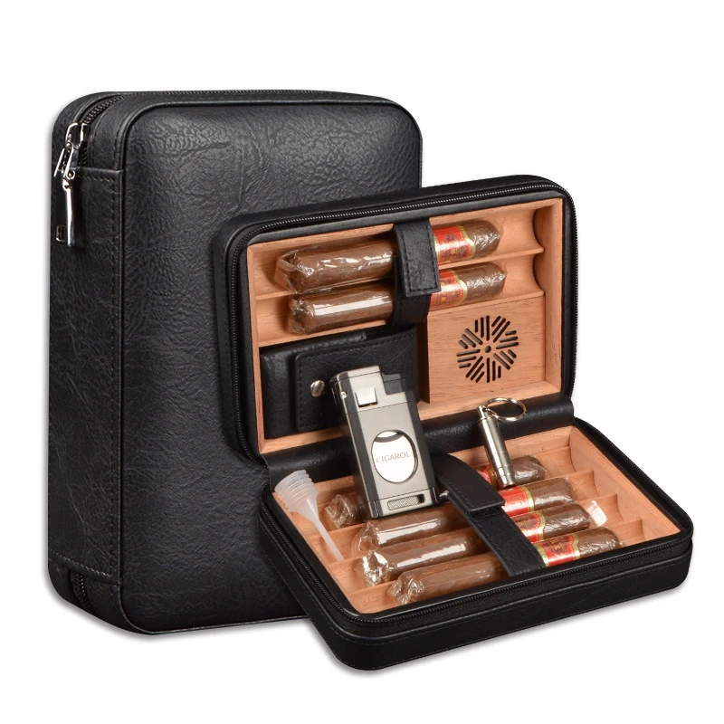 Factory Wholesale Cigar Travel Humidor Cedar Wood Leather Cigar Case