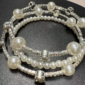 Elegant Multi Layer Pearl Bracelet with Shiny Crystal Accents Fashionable Silver Tone Stackable Bracelet Women Party Daily Wear