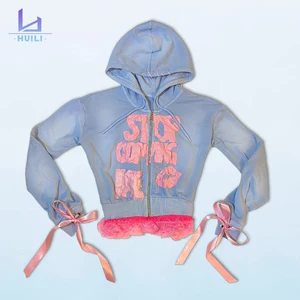 Huili Women's Winter Cropped Hoodie French Terry Custom Premium Applique Embroidery Cute Lace Zip Y2K Streetwear Style for Girls