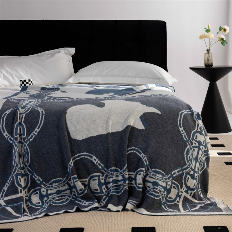 WG Wool Blend Horse Pattern Nordic Knitted Throw Blanket Lightweight Bed Couch Sofa Home Decoration Custom Size New Design Price