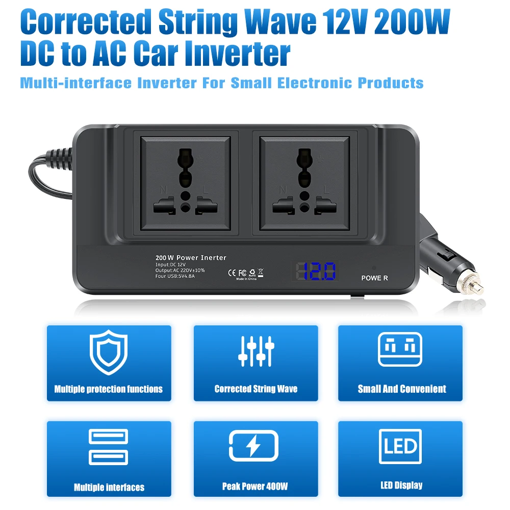 Universal Sockets 2 AC Outlet 2USB Port 1 Type-C QC3.0 Port Modified Sine Wave 200W DC 12V to AC 220V Germany Car Power Inverter