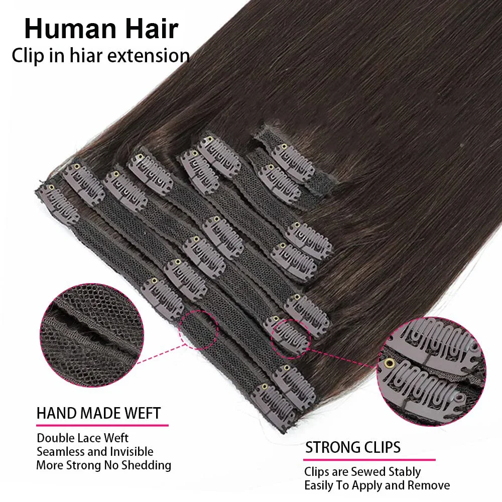 Clip In Hair Extensions Dark Brown Real Human Hair Brazilian Virgin 8Pcs Remy Hair For Women_voghion.com