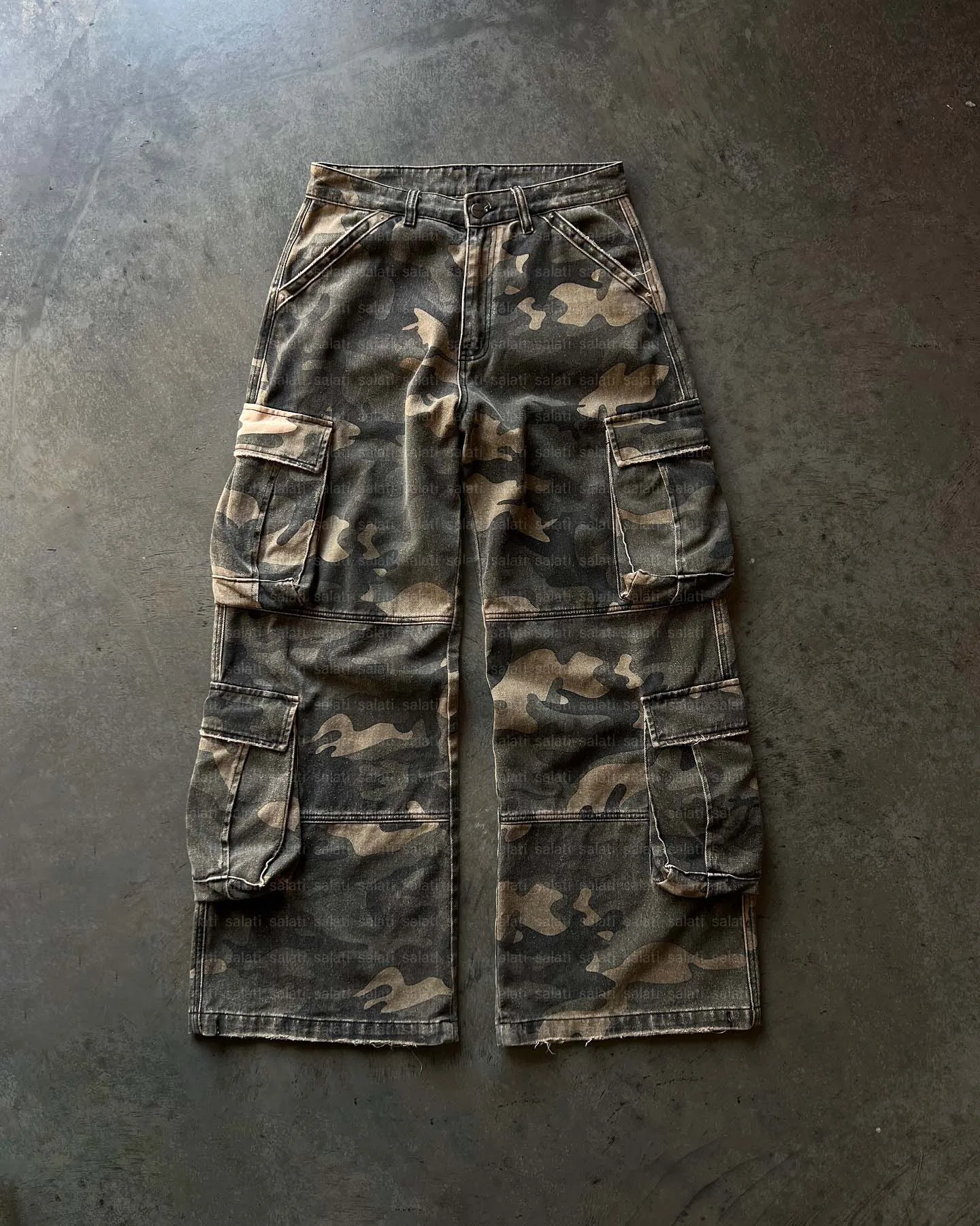 Salati Custom Wash Multi Pockets Cotton Duck Canvas Wide Leg Tactical Camouflage Camo Carpenter Baggy Jeans Cargo Pants Men gallery 7