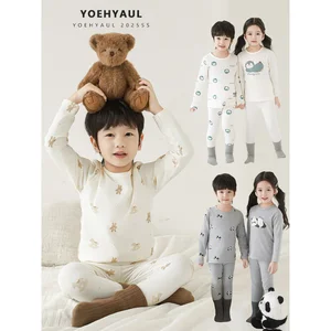 YOEHYAUL GN6937 N7001 Autumn Cute Penguin Panda Print Boys Children Pajamas Set Soft Breathable Long Sleeve Pajamas for Children