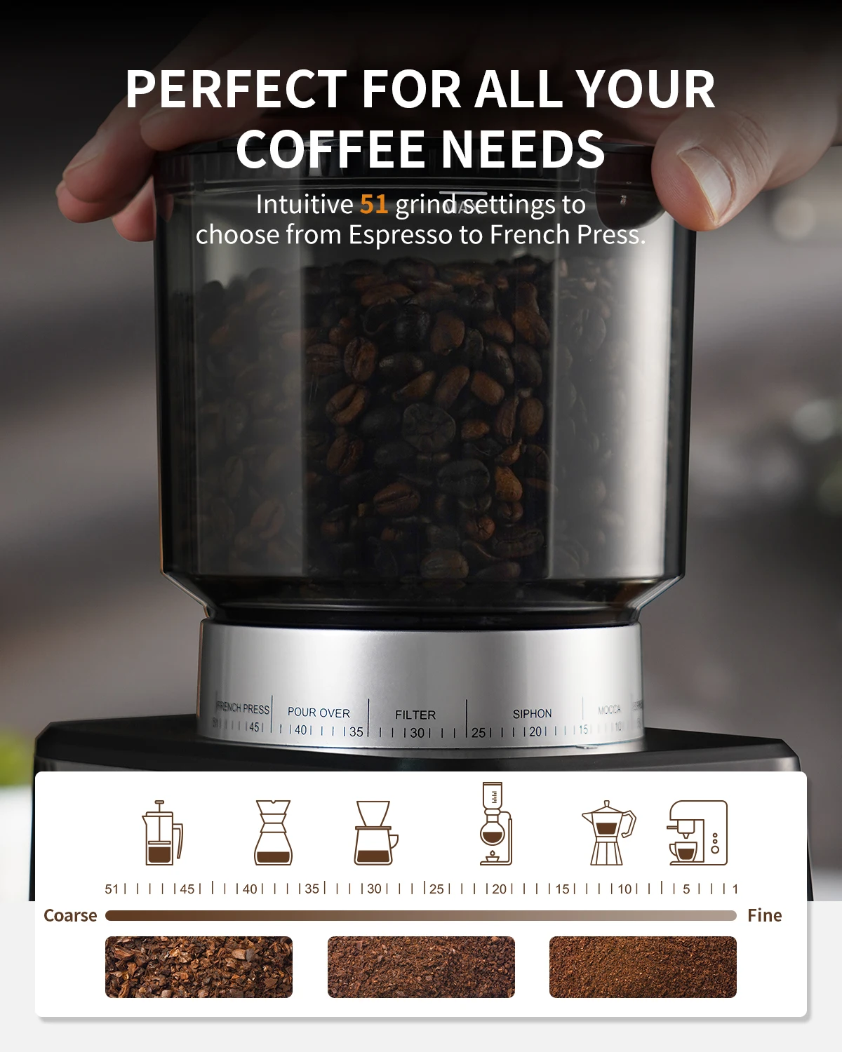 Conical Burr Coffee Grinder, Anti-Static Electric Coffee Bean Grinder for Mess-Free Use, Automatic Coffee Grinder with 35 Settings for Espresso, Frenc