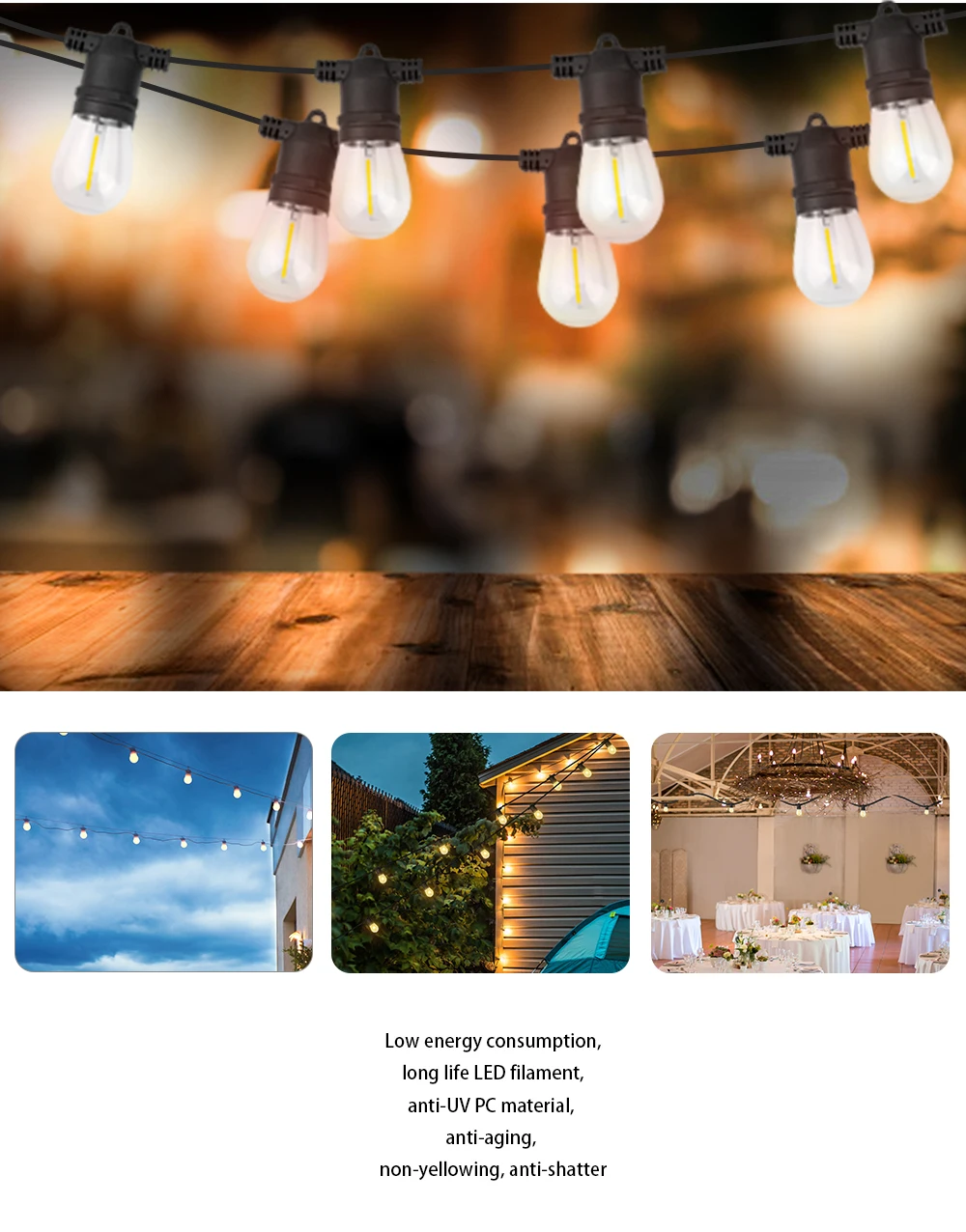 Commercial Grade Uk Plug 48ft 15 Bulbs Decoration Festoon Lights End To