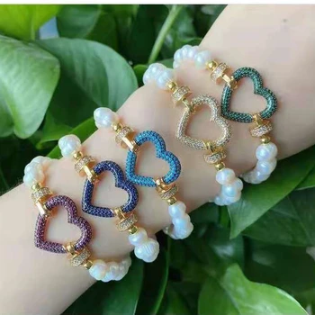 handmade freshwater pearl heart charms stretch bracelet pulsera jewelry