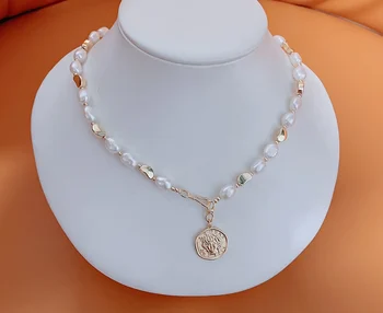 New ideal ladies Vintage 14k gold plated Queen coin rice pearl necklace Jewelry Women custom necklace