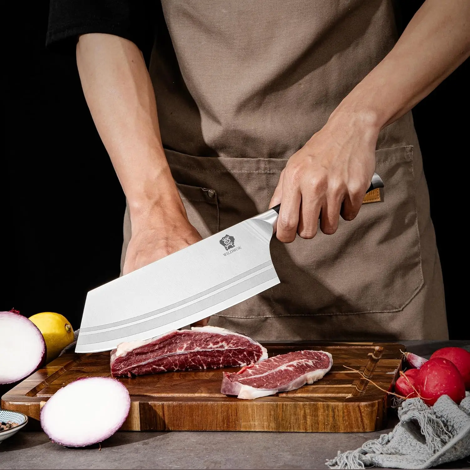 Cuchillo de chef chino WILDMOK de 7,8 pulgadas, de acero inoxidable con mango de madera de pakka negra, cuchillo de cocina para verduras_voghion.com