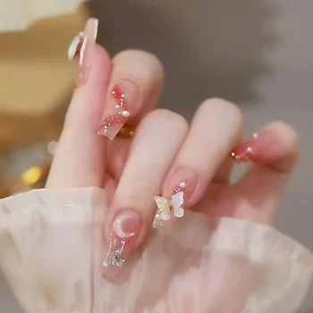 High-End French Gradient Flash Butterfly Design Long Nail Art Tips Factory Wearable Artificial Fingernails for Fingers