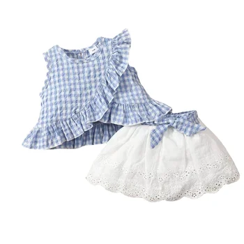 3 months to 3 years 66-100cm baby summer sleeveless ruffled plaid top bow embroidered skirt set two-piece dress for baby girls