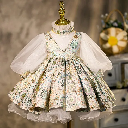 Vintage Kids Gold Lace TUTU Flower Girl Dress For Wedding Birthday Princess Gown