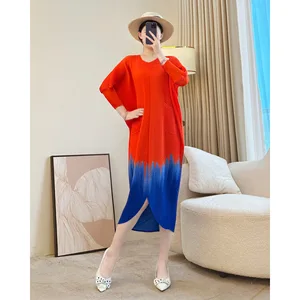 High-end Miyake Women's Solid Casual Chiffon A-line Slimming Elegant Long Sleeve Midi Dress Spring Autumn