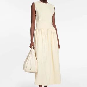 Custom High Quality O Neck A-Line Sleeveless Elastic Waist Loose Solid Cotton Casual Office Lady Maxi Women's Dresses