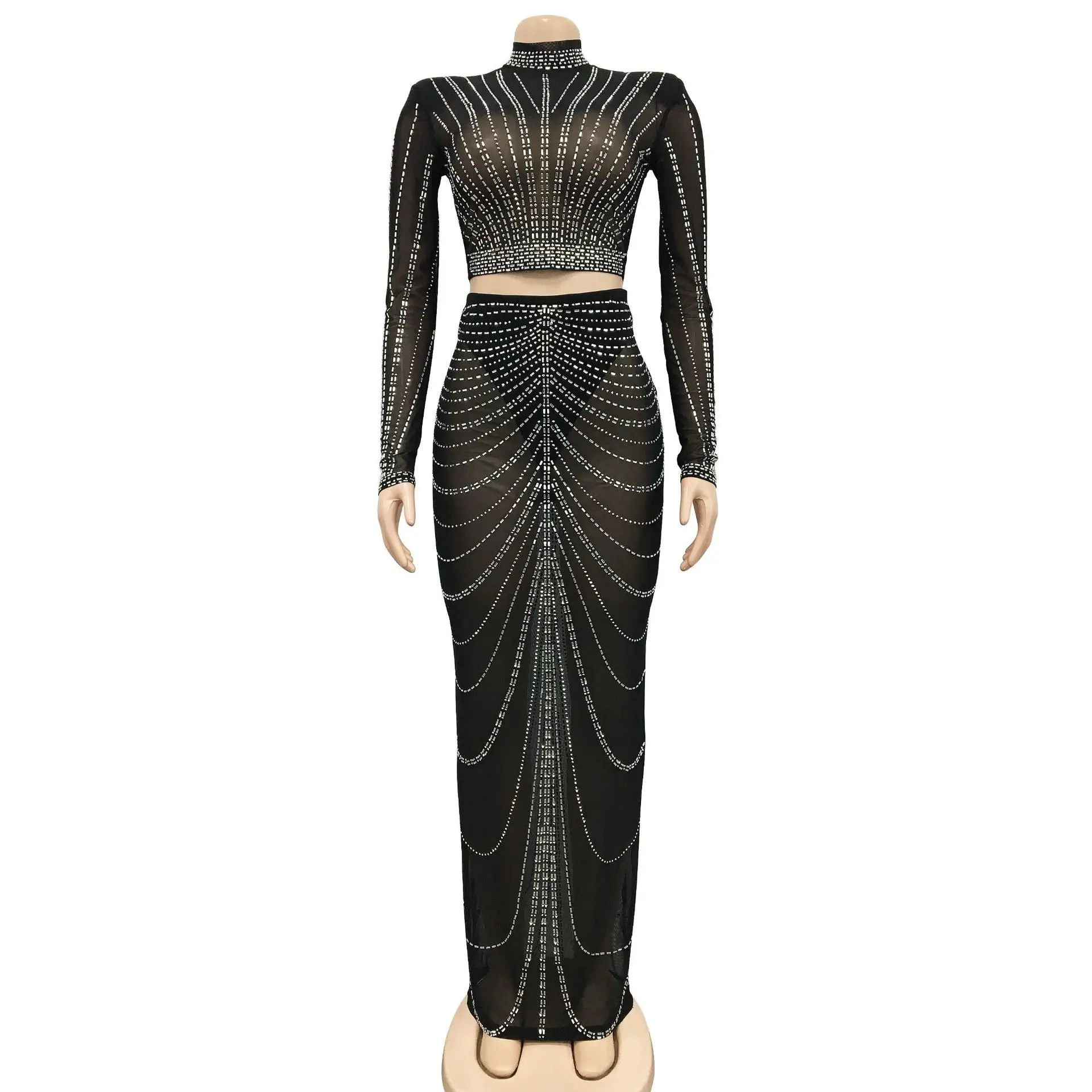knee length dresses for ladies Black Strapless Two-Piece Rhinestone Mesh Maxi Dress Black / 8