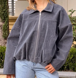 Custom Front Grey Faux Suede Zip Jacket Oversized Drop Shoulder Soft Suede Look Casual Outerwear Autumn/Winter Waterproof