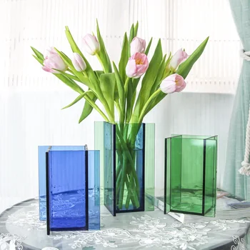 nordic minimalist modern clear Blue and green square candle wedding flower hydroponic glass vase for home decor