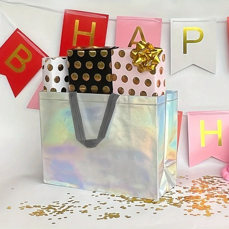 Reusable Laser Iridescent Laminated pp Nonwoven Garment Shopping Tote Bag Personalize Custom Gradient Metallic Non Woven Bag