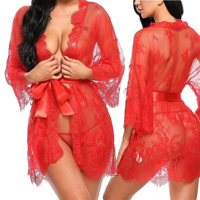 Women S Lace Robe Underwear Mesh Nightgown Transparent Lace Soft Home