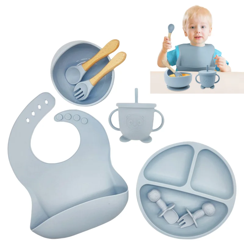 Custom Bpa-free Baby Feeding Set 8 PCS Food Grade Soft Silicone Tableware Kids Bib Straw Cup Food Plate & Bowl  for Baby Nursing