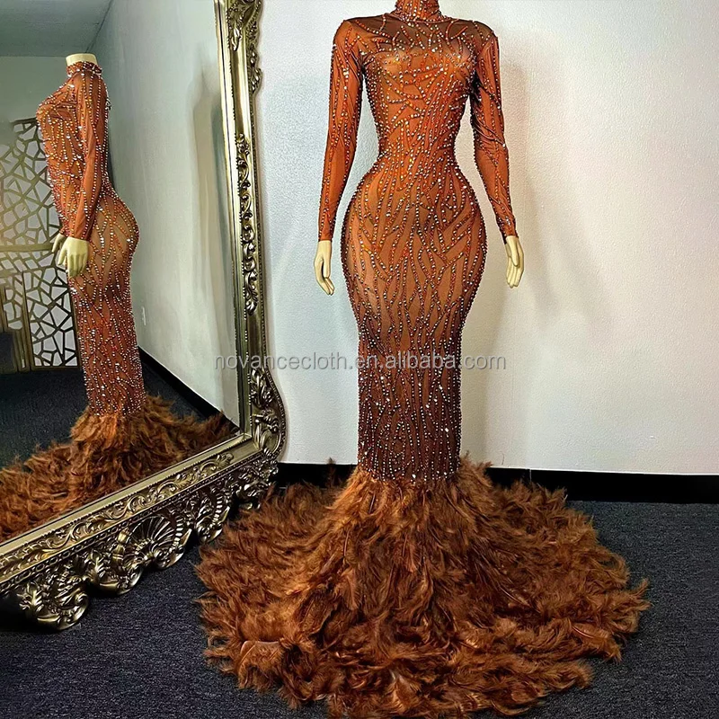 NOVANCE Y1574-B Spring 2022 Latest Design Trends Diamond Brown Feather Dress Solid Color Party Dresses Full Length Evening Dress NOVANCE Y1574-B Spring 2022 Latest Design Trends Diamond Brown Feather Dress Solid Color Party Dresses Full Length Evening Dress