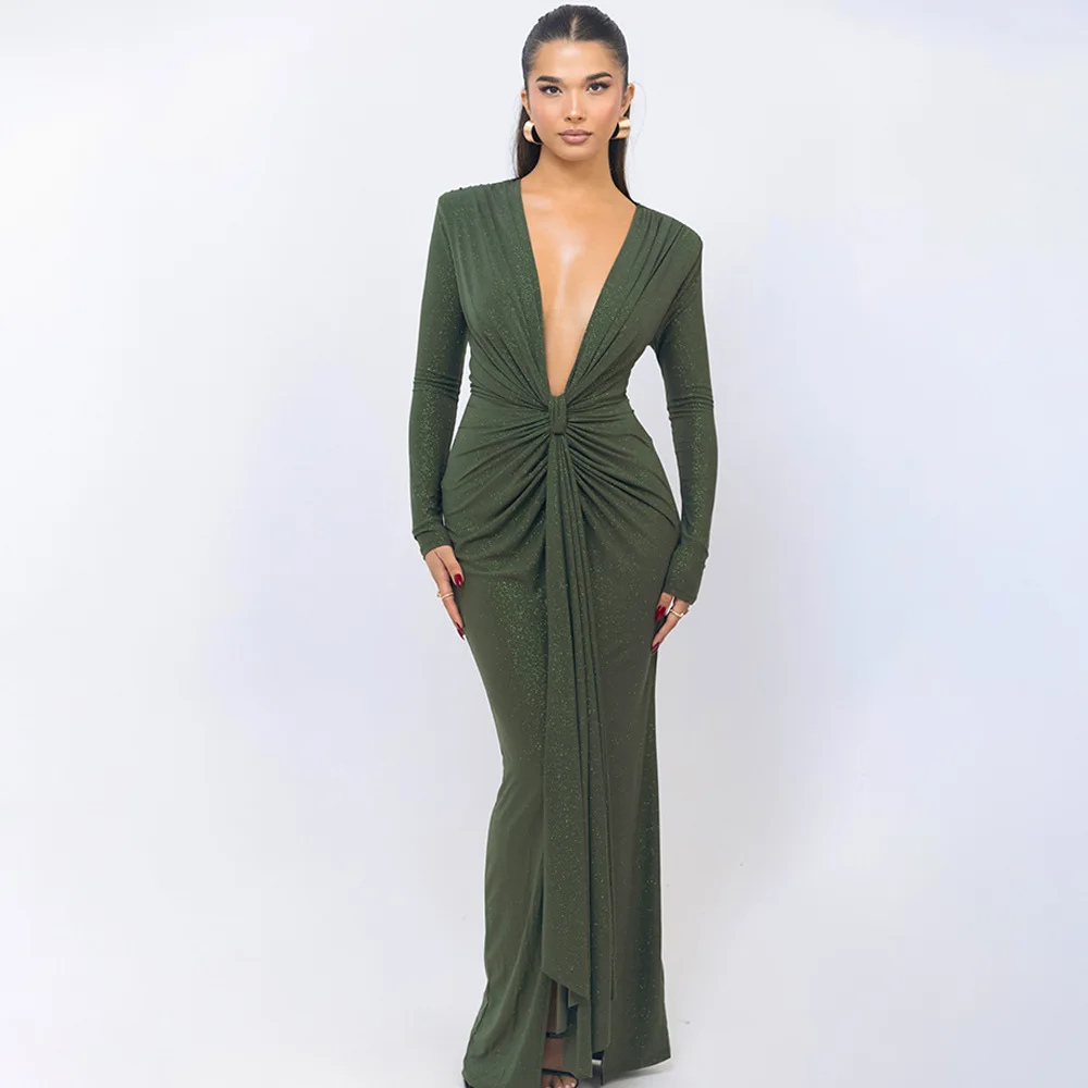 Vestido Casual Dresses Hip Ruched Deep V Neck Long Sleeve Bodycon Maxi Glitter Dress Vestido Casual Dresses Hip Ruched Deep V Neck Long Sleeve Bodycon Maxi Glitter Dress