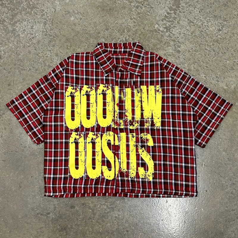 Salati Custom Designer Print Logo Cropped Vintage Shorts Sleeve Button Down up T-shirts Check Tshirts Plaid Flannel Shirts Men gallery 9