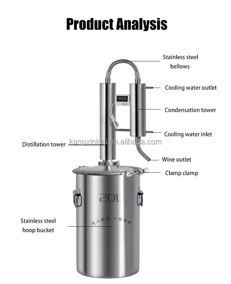 304 Stainless Steel Distiller Brandy Whiskey Rum Liquor Gin Vodka Copper Distiller 12/20/35/60L Distillation Machine