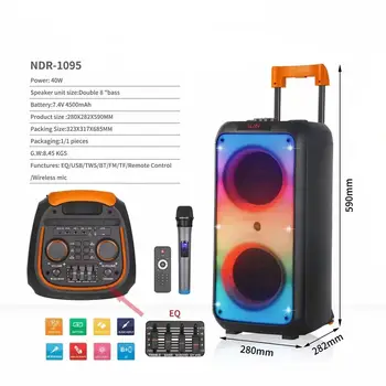 NDR-1095 Double 8 inch Woofer Portable Wireless Karaoke Trolley Speaker With Wireless Mic Stage Party BT Big Power DJ Speaker