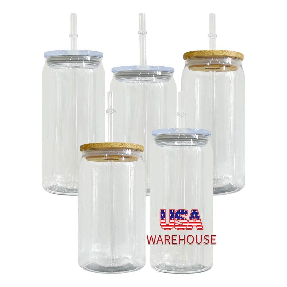 50pack USA Warehouse 16oz Plastic Cups with Bamboo Lid and Straw Acrylic  clear Transparent Can Shaped Drinkware