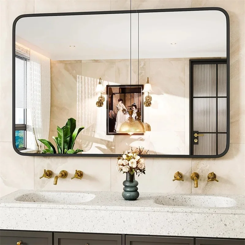 product modern black gold large aluminium alloy framed wall mounted rectangle dressing mirror for home decor-1